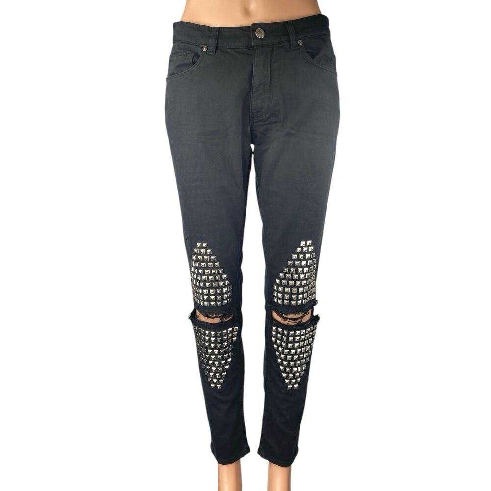 Gaelle Black Studded Distressed Ripped Knee Mid Rise Skinny Denim Jeans Pants 27